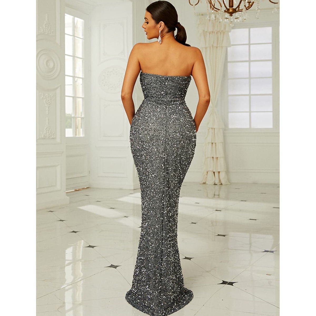 Exclusivo Vestido Largo Brillante Plata - Imagen 3
