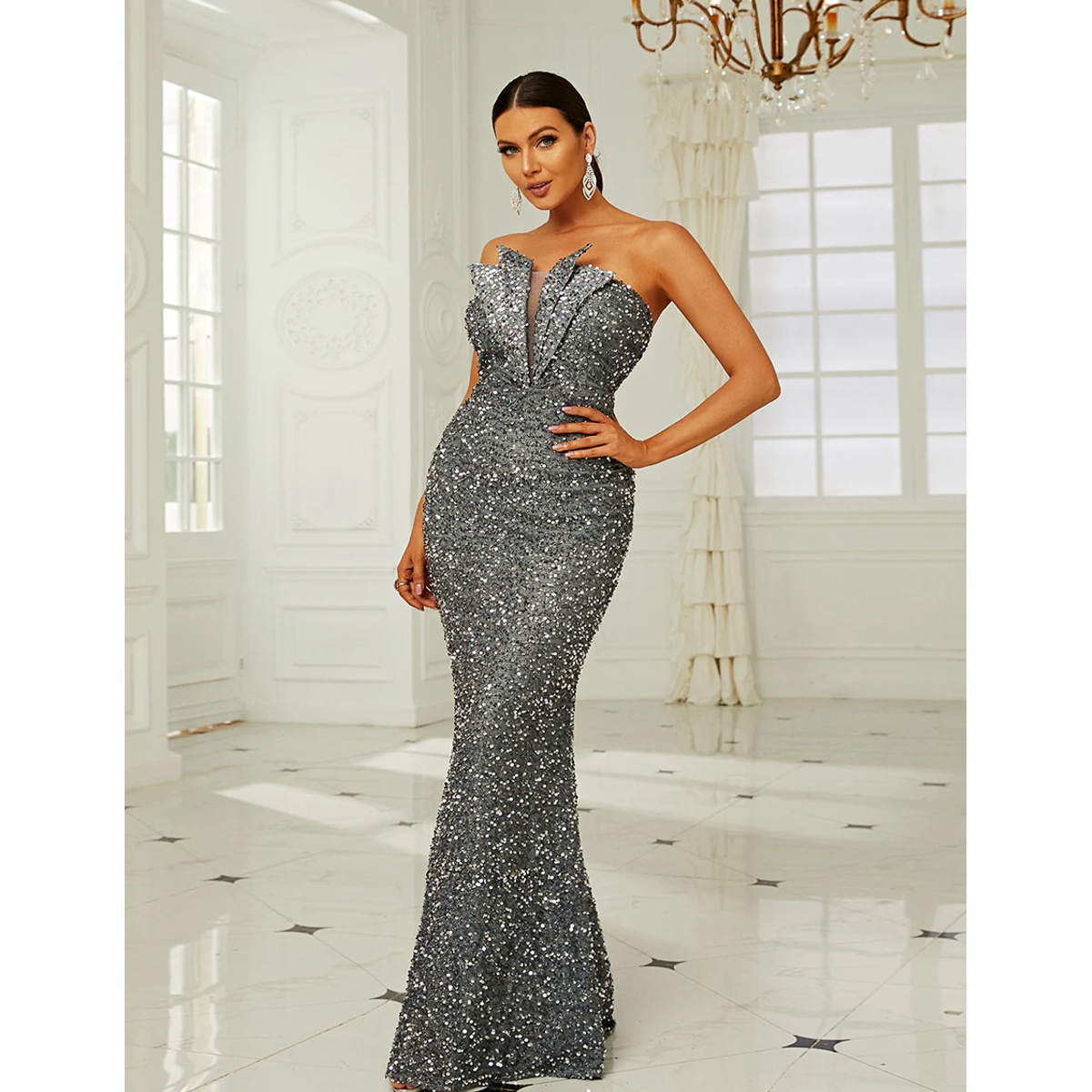 Exclusivo Vestido Largo Brillante Plata - Imagen 6