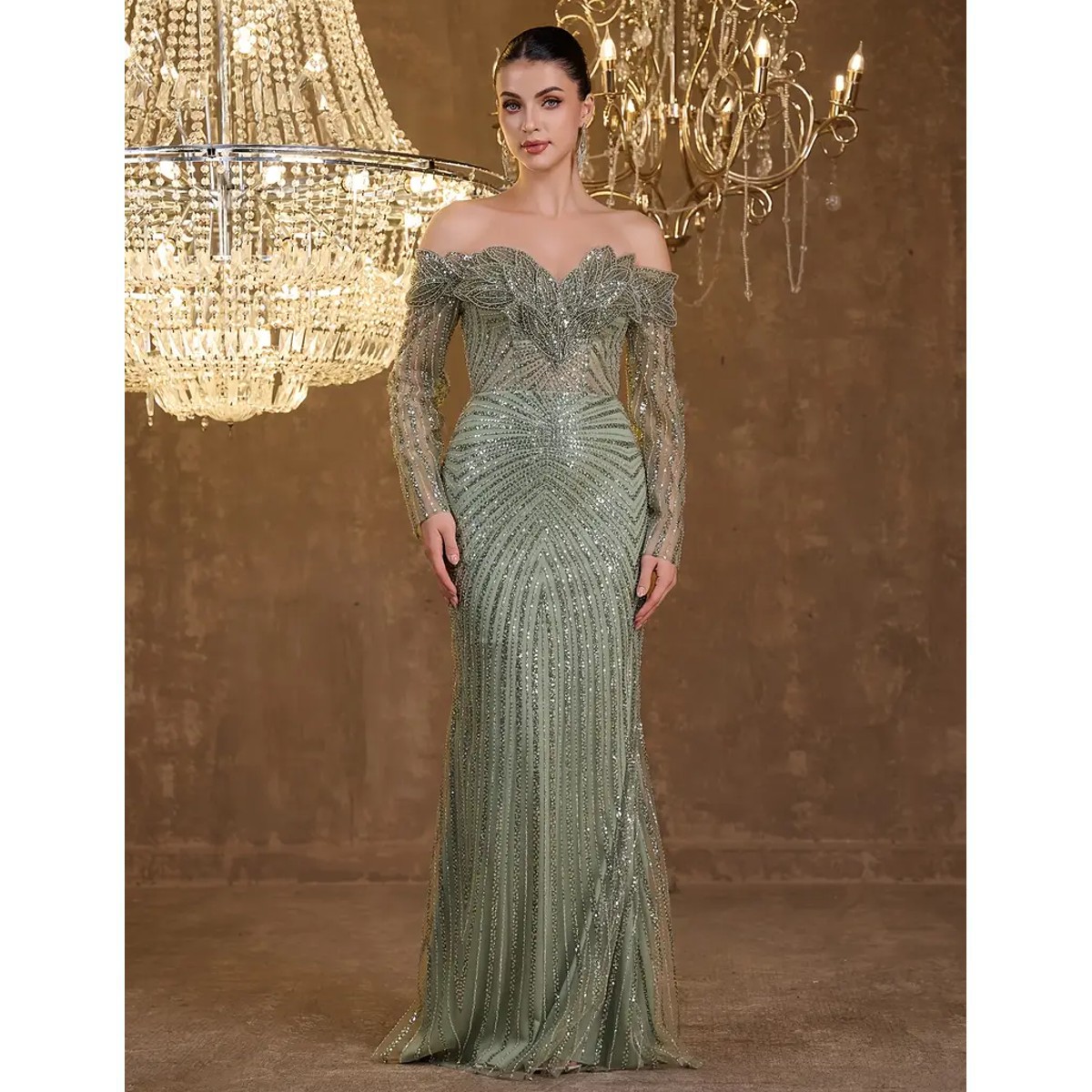 Exclusivo Vestido Verde con Plata de Lentejuelas