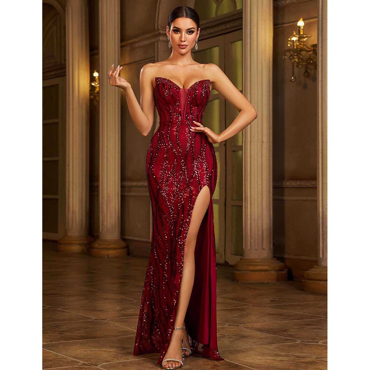 Exclusivo Vestido Largo de Lentejuelas Rojo