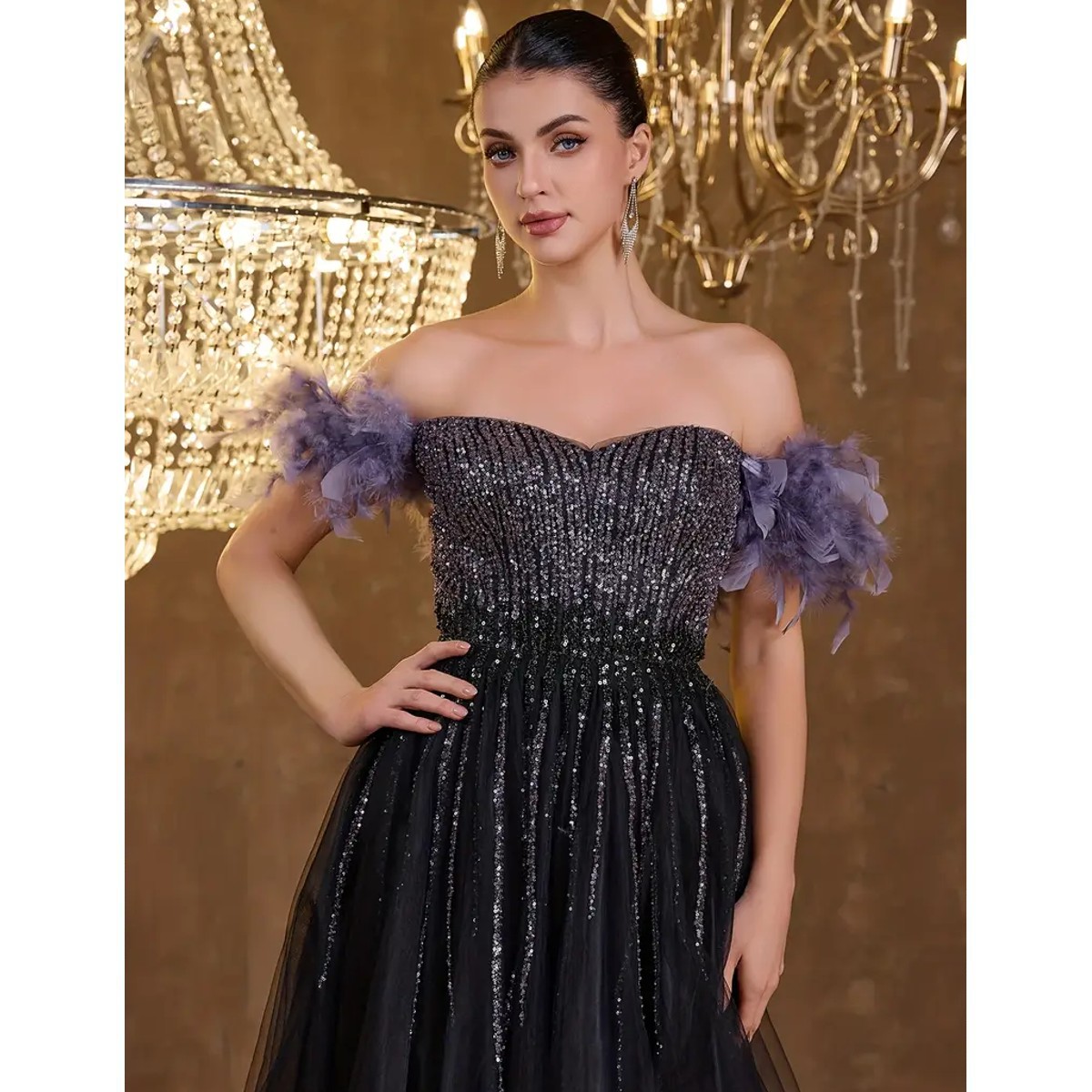 Exclusivo Vestido Negro con Lila de Lentejuelas - Imagen 3