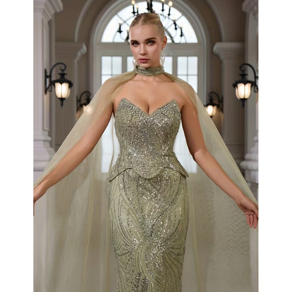 Exclusivo Vestido Verde con Plata de Lentejuelas