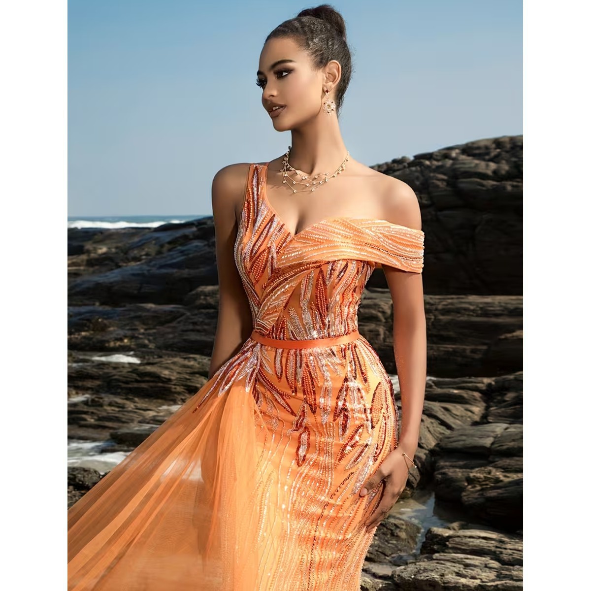 Exclusivo Vestido Naranja de Lentejuelas