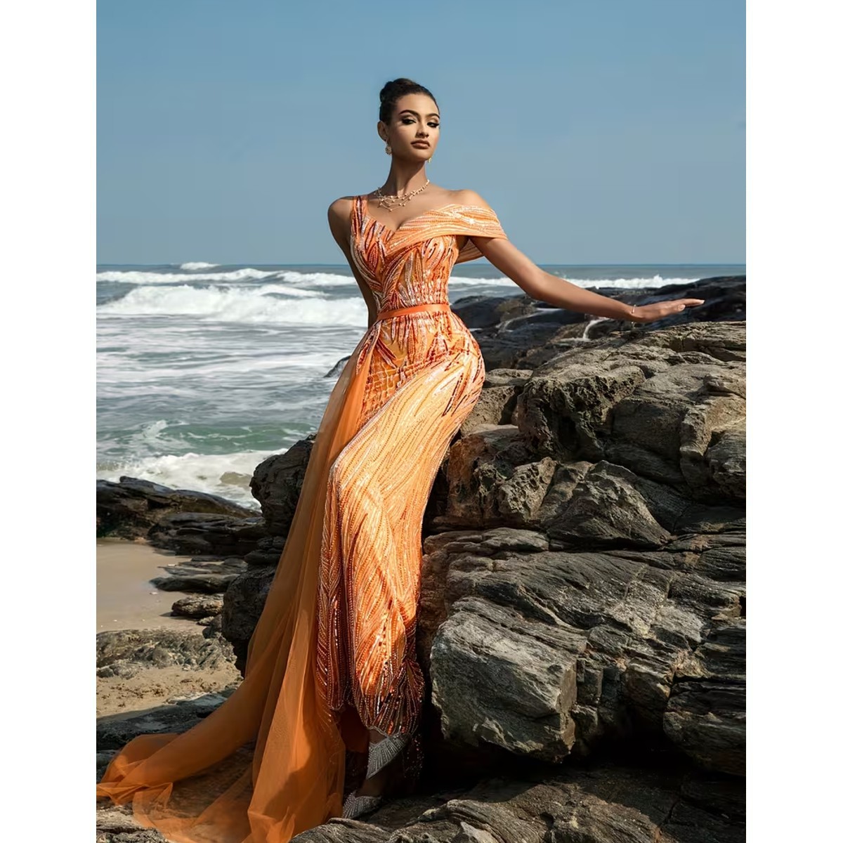 Exclusivo Vestido Naranja de Lentejuelas - Imagen 6