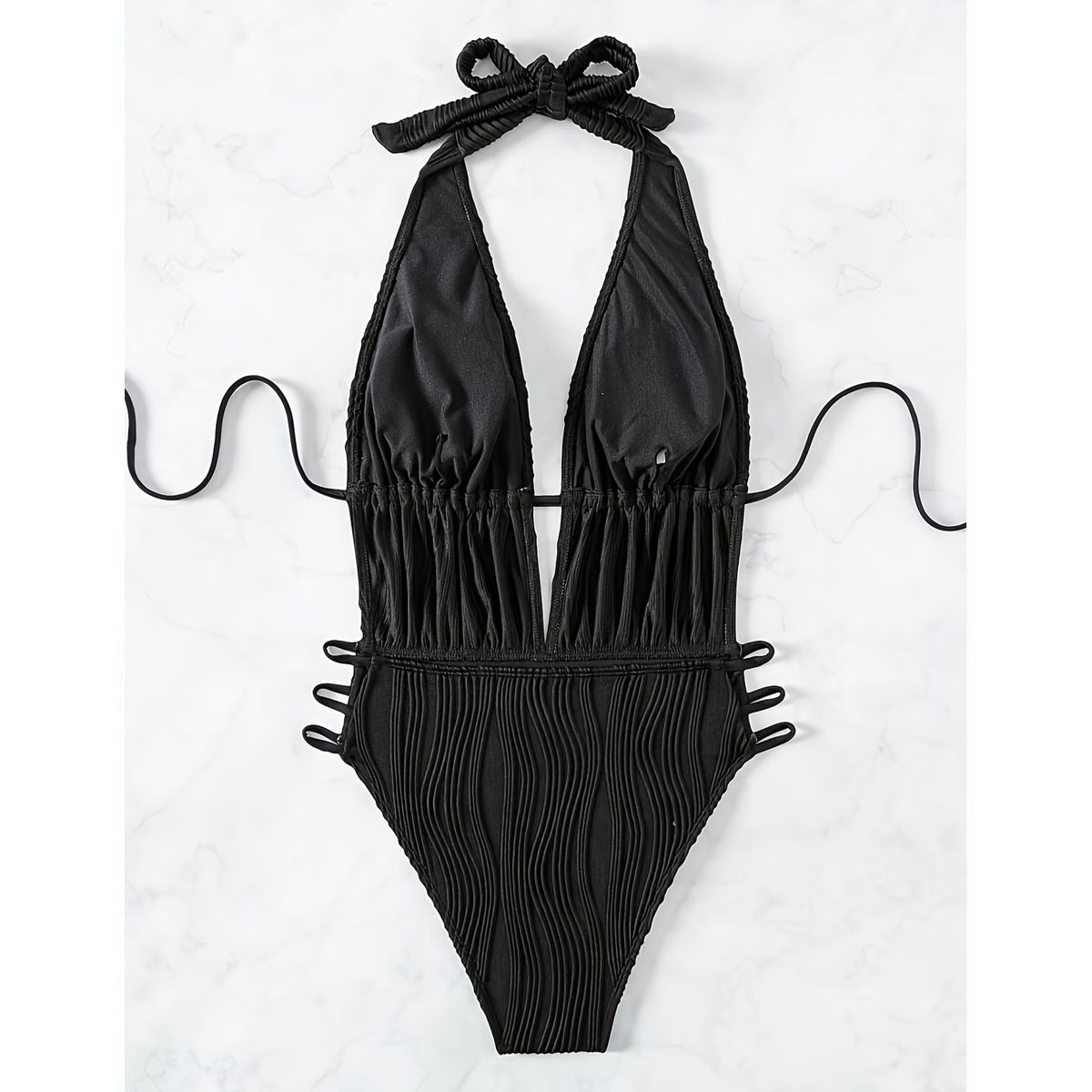 Monokini Negro con Escote Profundo y Detalle de Tiras en la Cintura - Imagen 2