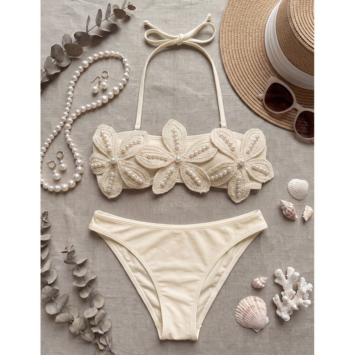 Bikini Marfil de Dos Piezas con Top Floral y Detalles Texturizados - Imagen 4