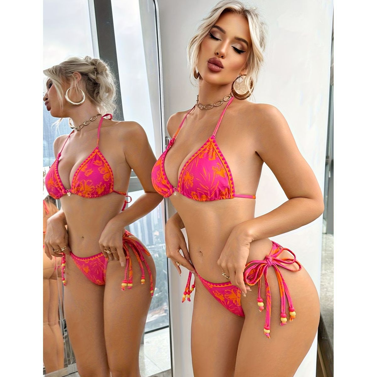 Bikini Fucsia con Estampado Tropical y Lazos Laterales - Imagen 4