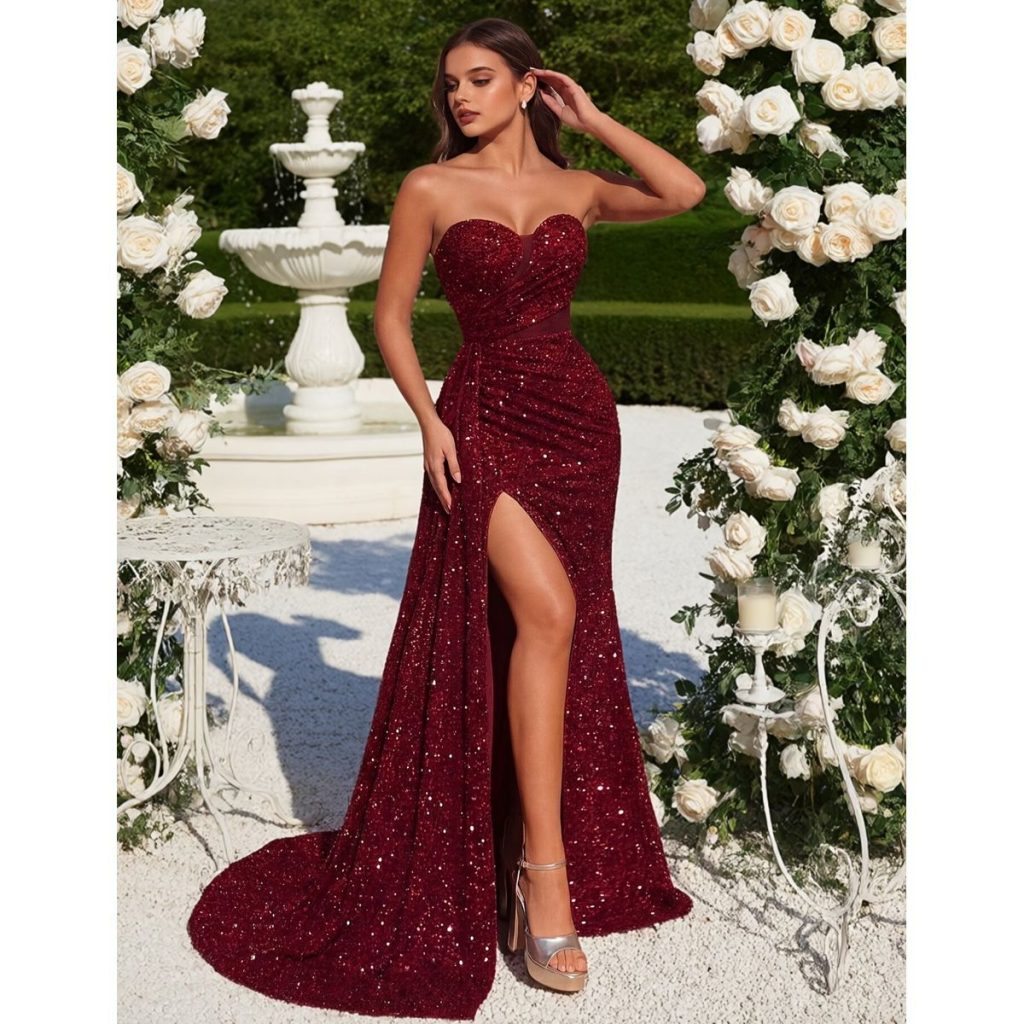Vestido Largo Rojo Borgoña con Brillos y Abertura