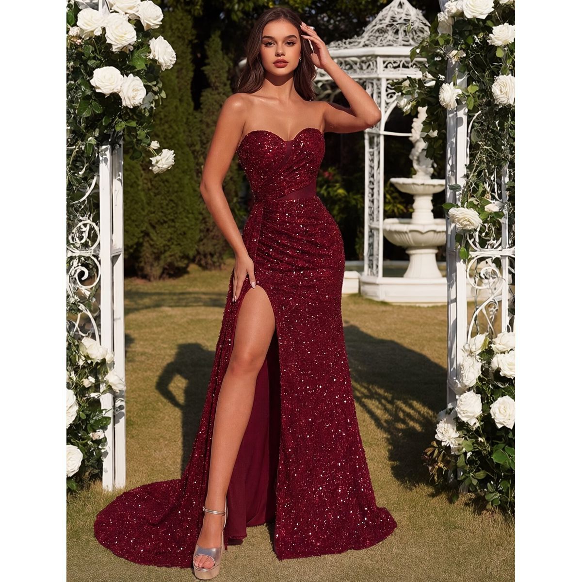 Vestido Largo Rojo Borgoña con Brillos y Abertura - Imagen 2