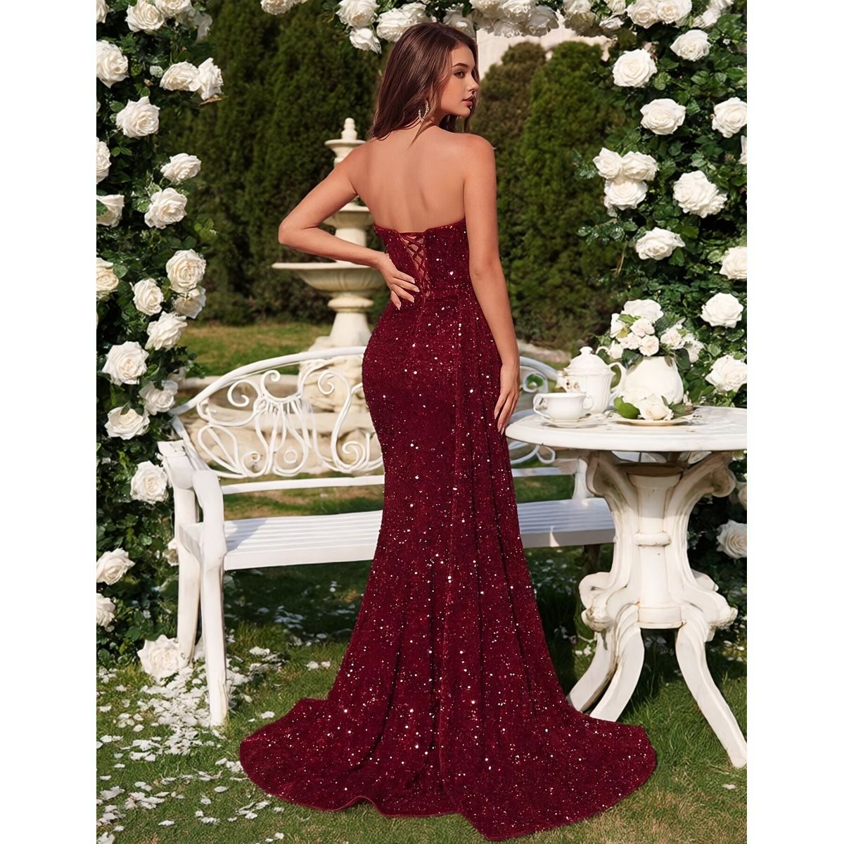 Vestido Largo Rojo Borgoña con Brillos y Abertura - Imagen 3