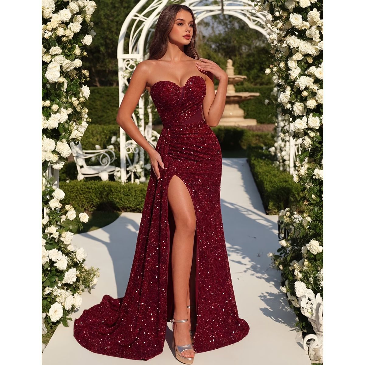 Vestido Largo Rojo Borgoña con Brillos y Abertura - Imagen 4