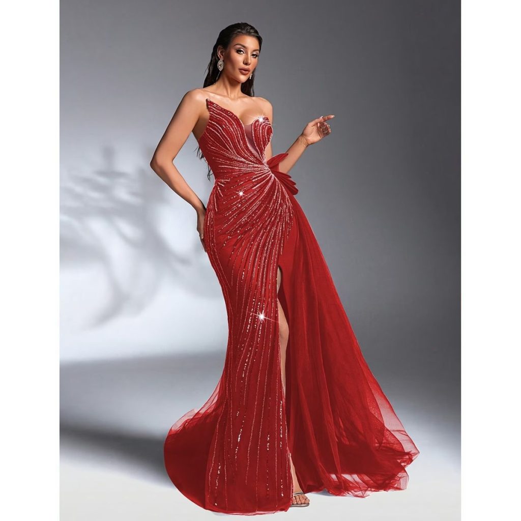 Vestido Largo Rojo Drappeado con Brillos
