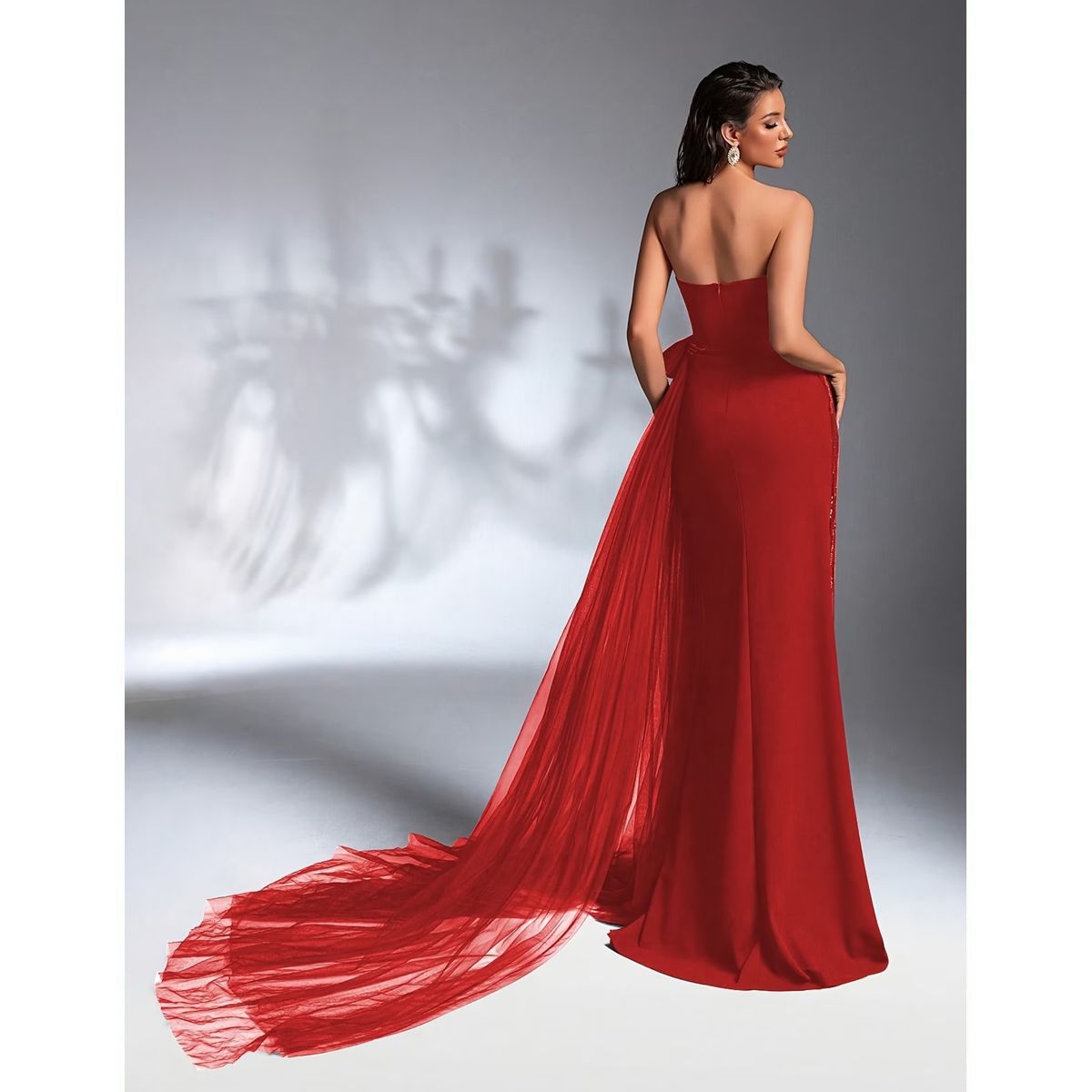 Vestido Largo Rojo Drappeado con Brillos - Imagen 3