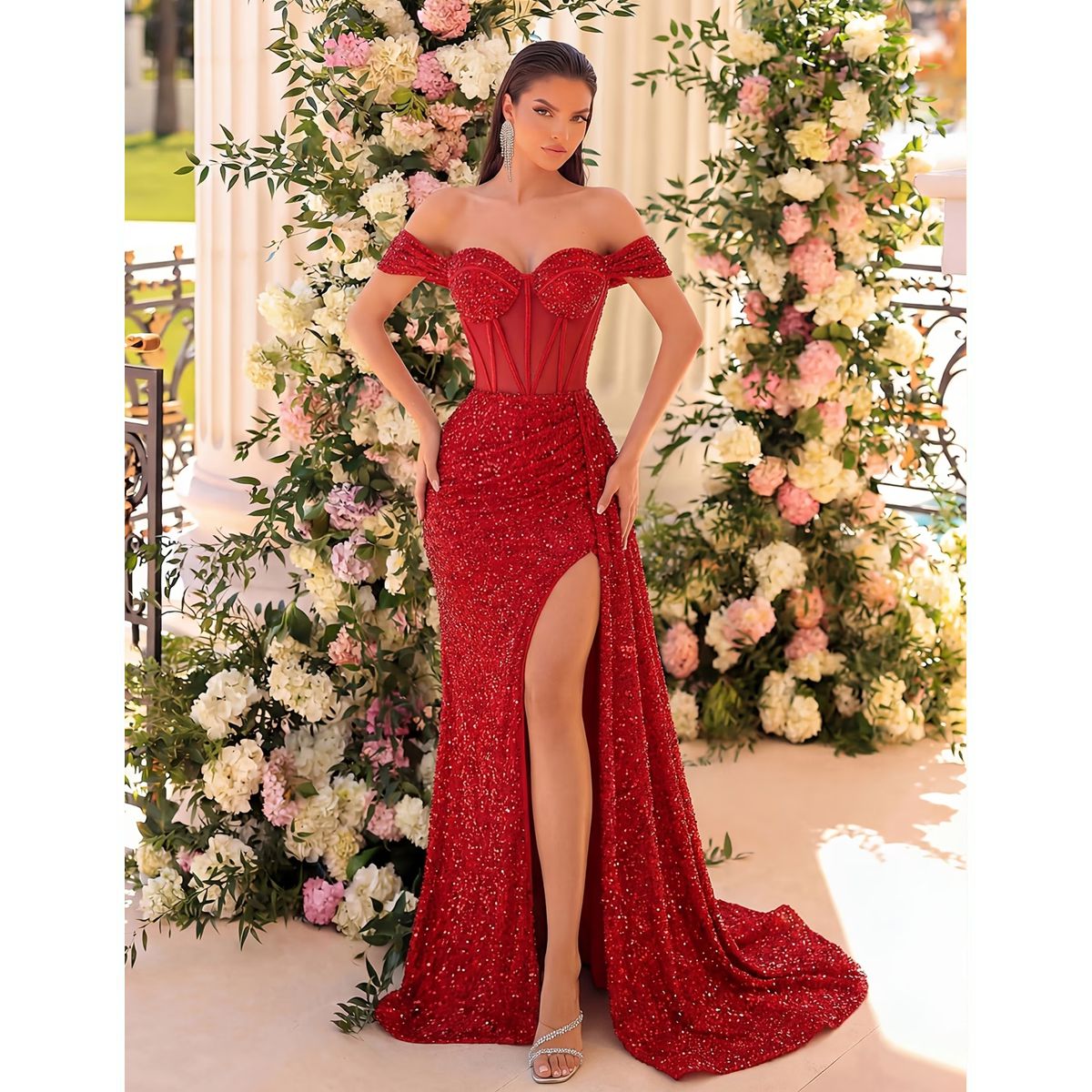 Vestido Largo Rojo con Escote Bardot y Abertura - Imagen 4