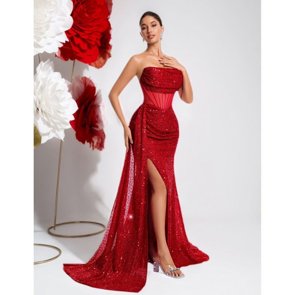 Vestido Largo Rojo Brillante con Abertura