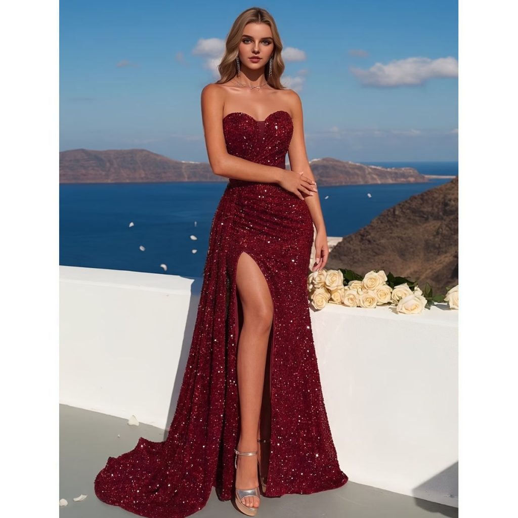 Vestido Largo Rojo Borgoña con Brillos y Cola