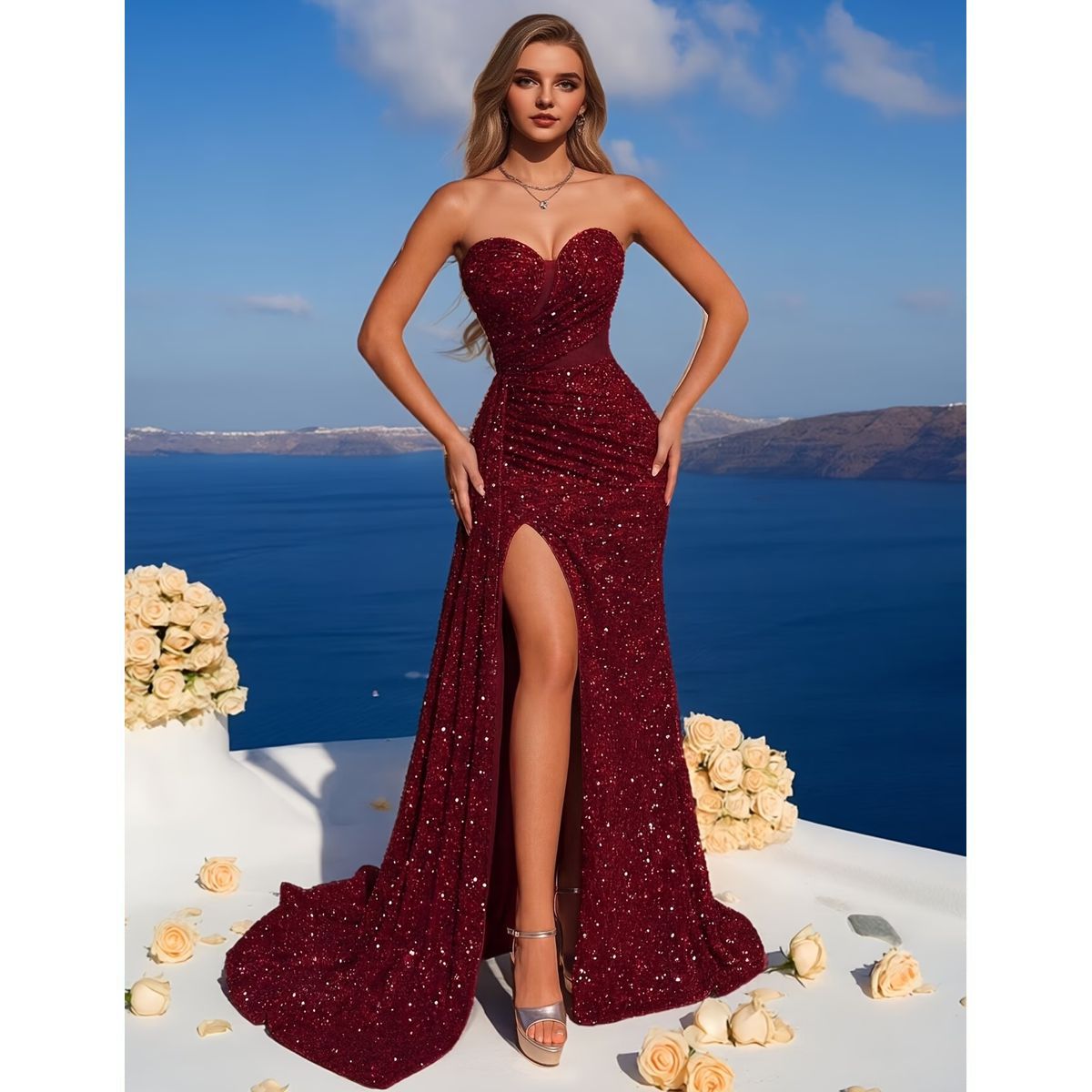 Vestido Largo Rojo Borgoña con Brillos y Cola - Imagen 3