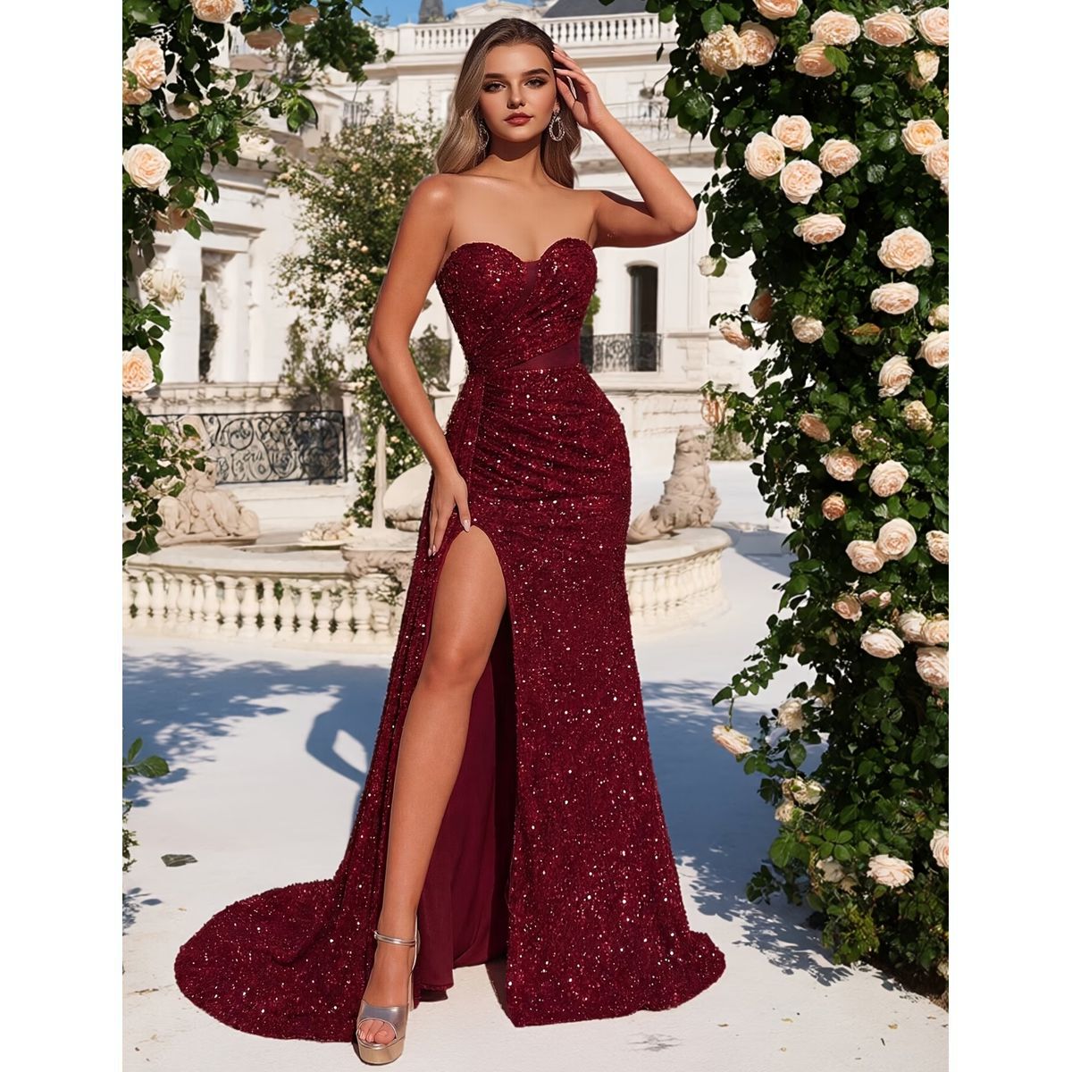 Vestido Largo Rojo Borgoña con Brillos y Cola - Imagen 4