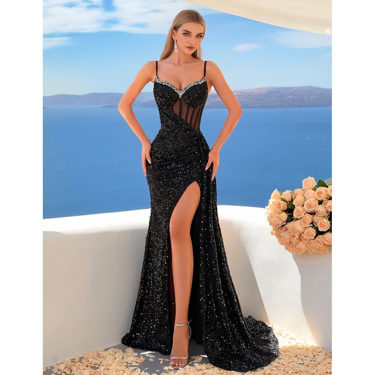 Vestido Largo Negro con Corsé y Abertura