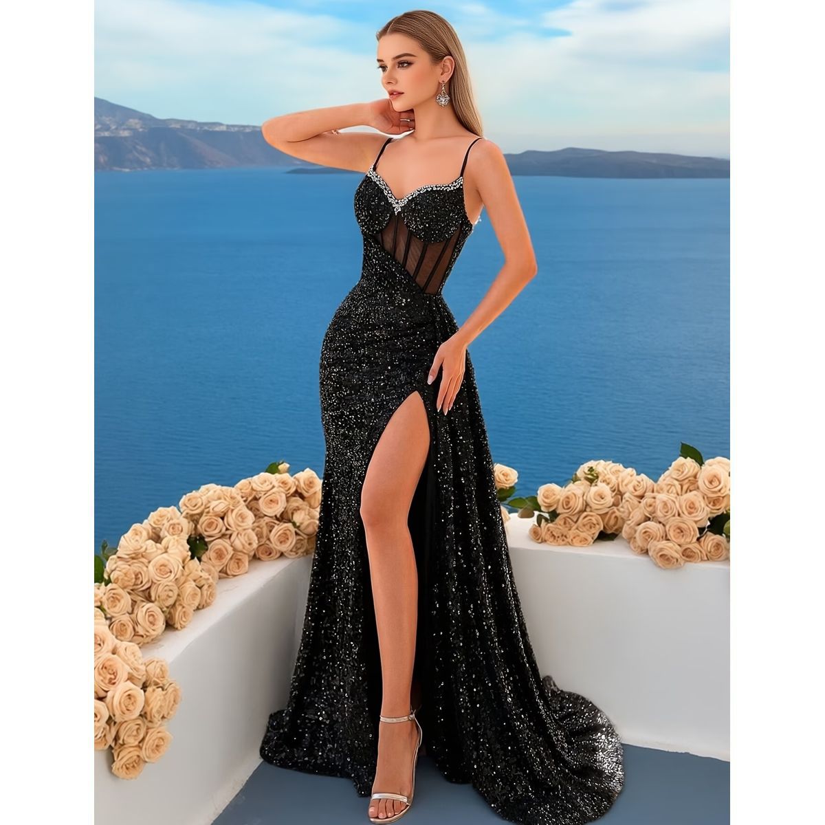 Vestido Largo Negro con Corsé y Abertura - Imagen 2