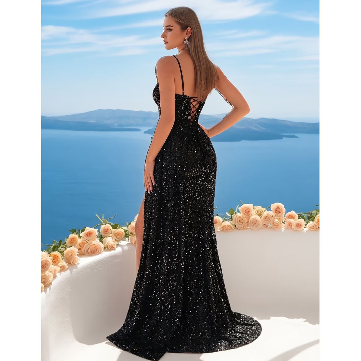 Vestido Largo Negro con Corsé y Abertura - Imagen 3