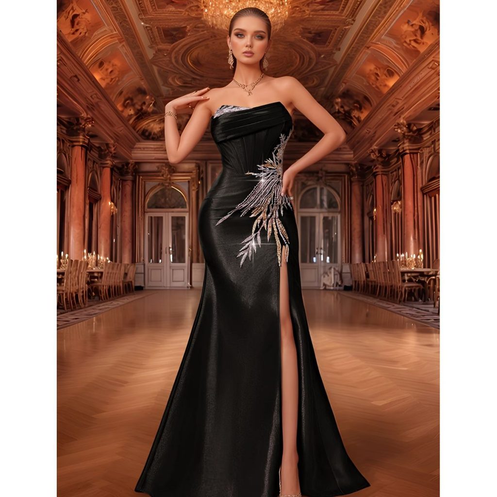 Vestido Largo Negro con Detalle Plateado y Abertura