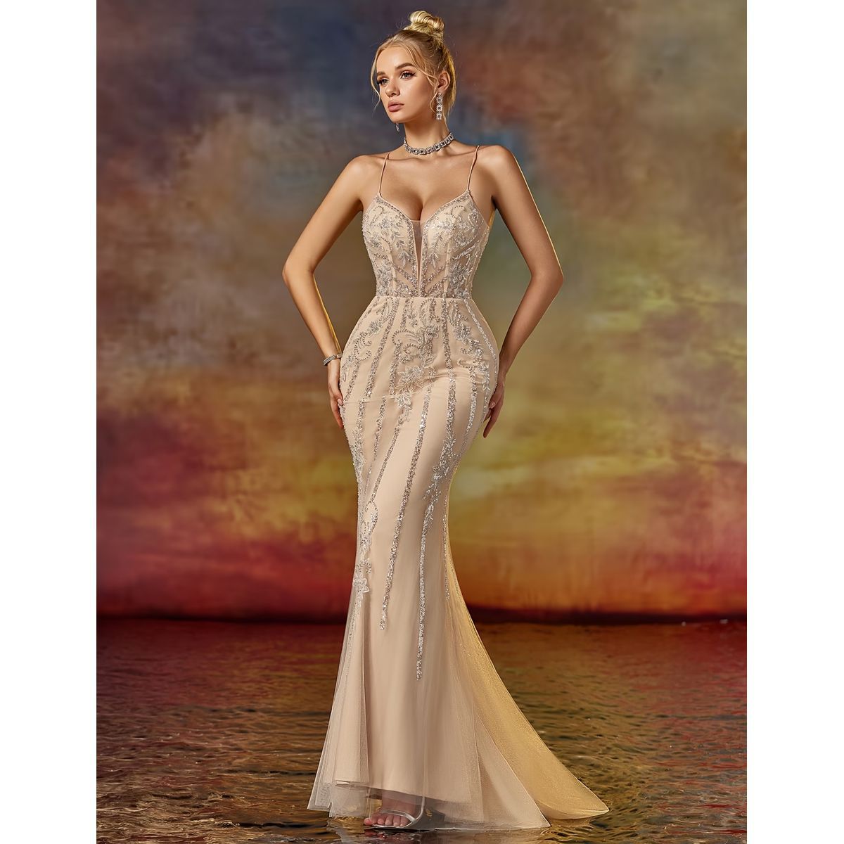 Vestido de Gala Champagne con Bordado y Silueta Sirena - Imagen 3