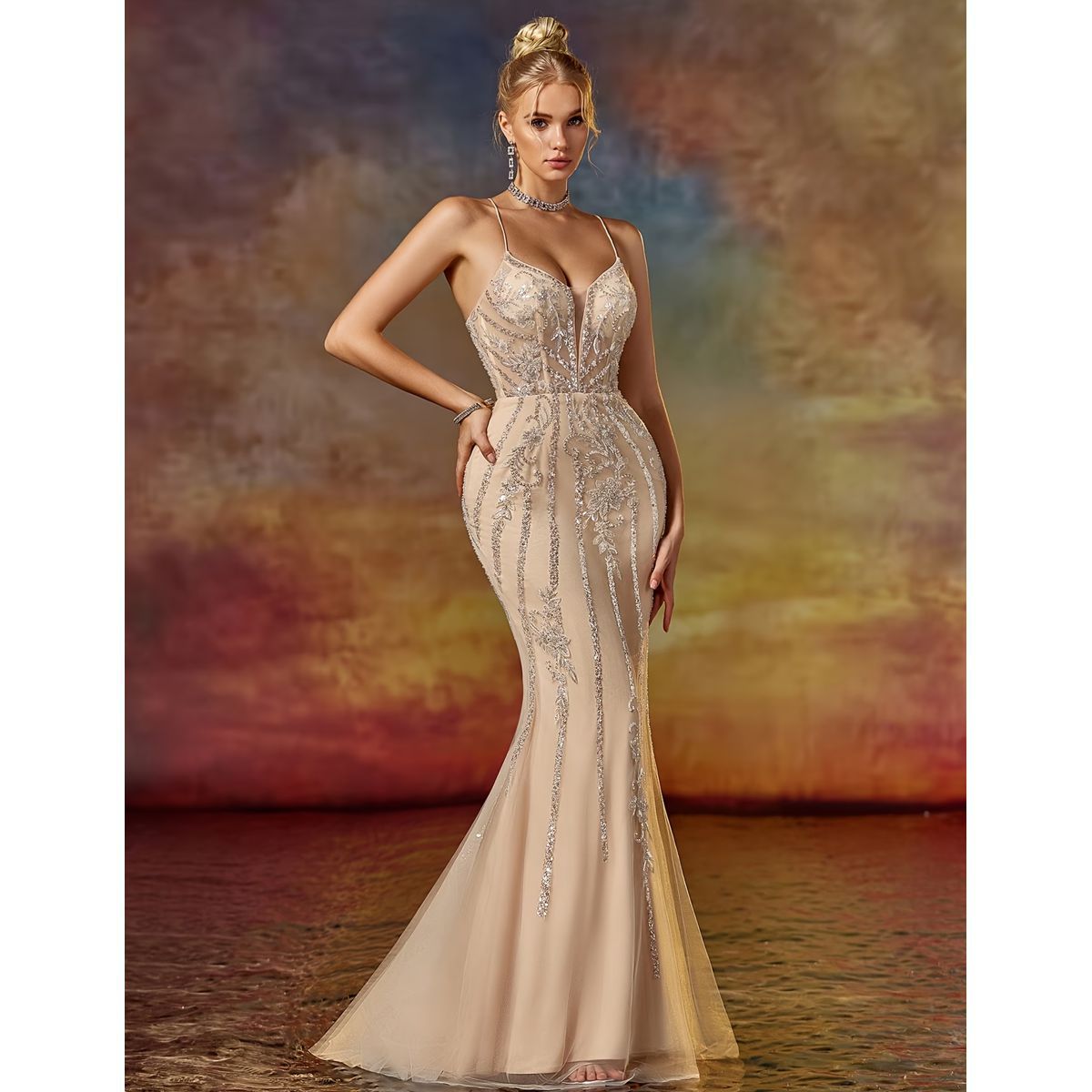 Vestido de Gala Champagne con Bordado y Silueta Sirena - Imagen 4