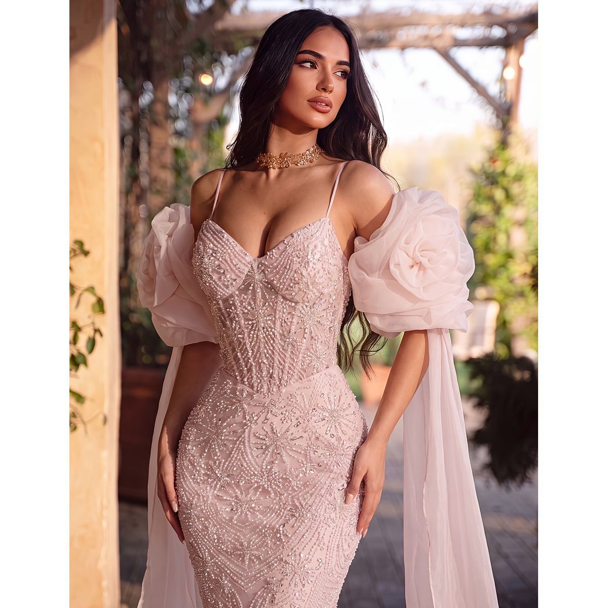 Vestido de Gala Rosa con Mangas Abullonadas y Capa