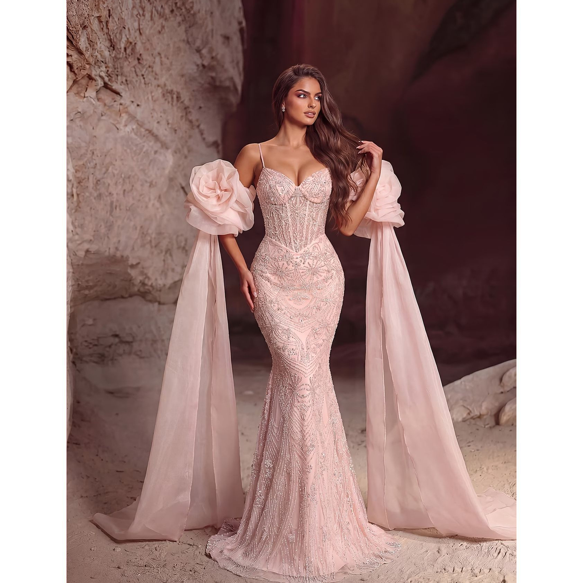 Vestido de Gala Rosa con Mangas Abullonadas y Capa - Imagen 2
