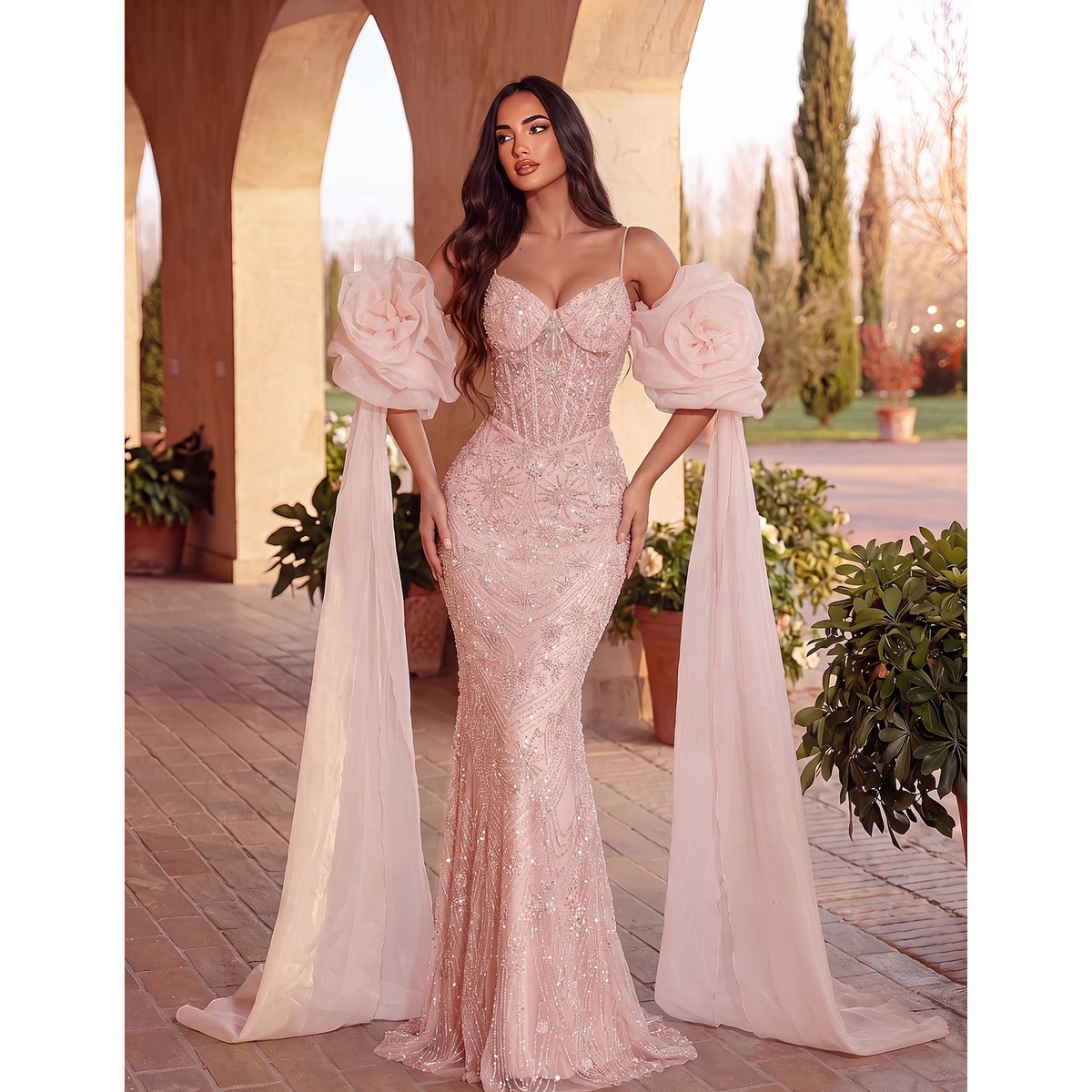 Vestido de Gala Rosa con Mangas Abullonadas y Capa - Imagen 3