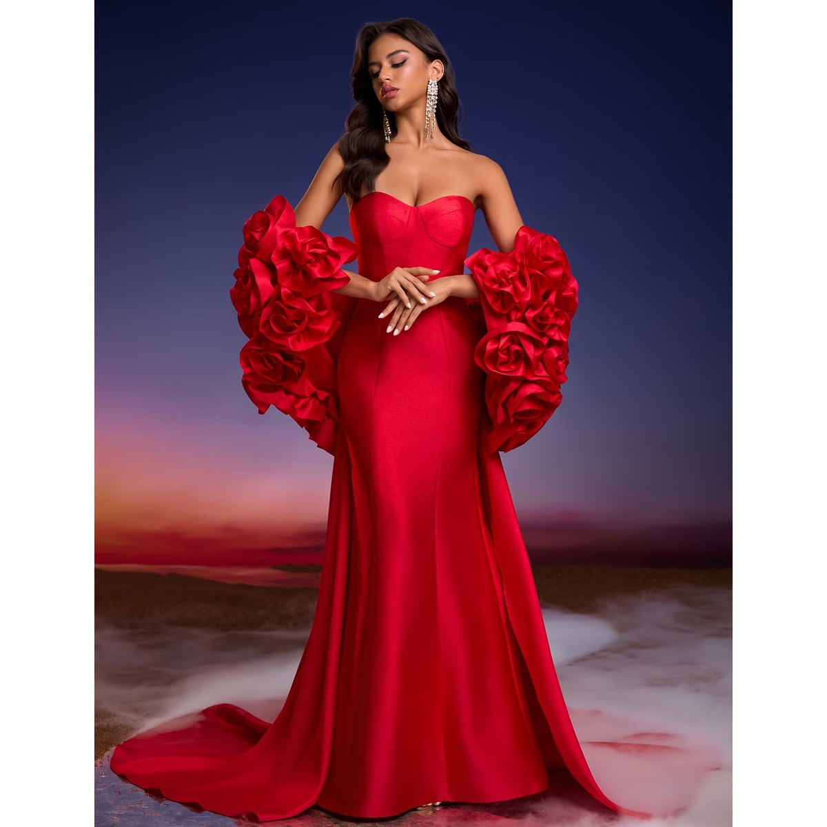 Vestido de Gala Rojo con Volantes Florales y Cola Dramática - Imagen 2