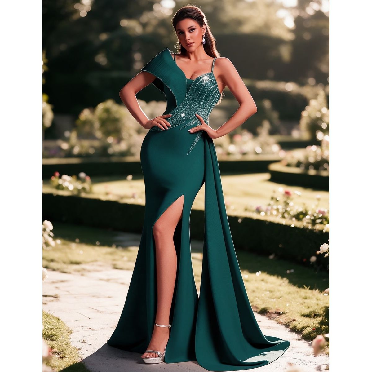 Vestido de Gala Verde Esmeralda con Abertura y Cola
