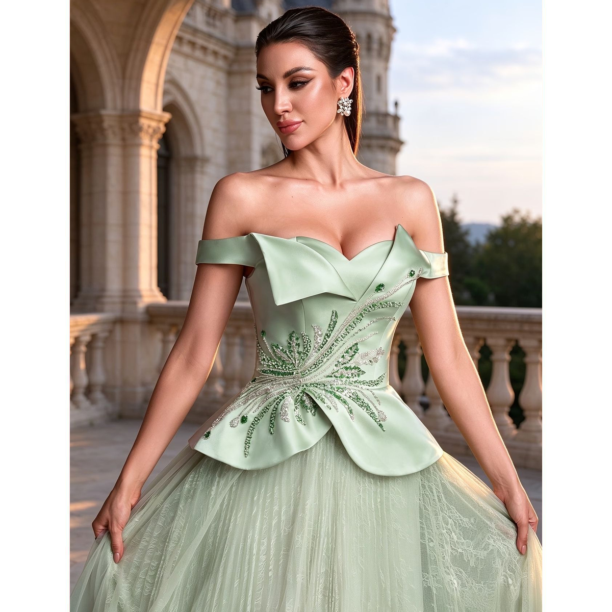 Vestido Largo Verde Menta con Escote Bardot y Volantes