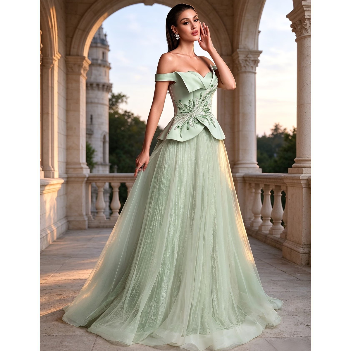 Vestido Largo Verde Menta con Escote Bardot y Volantes - Imagen 2