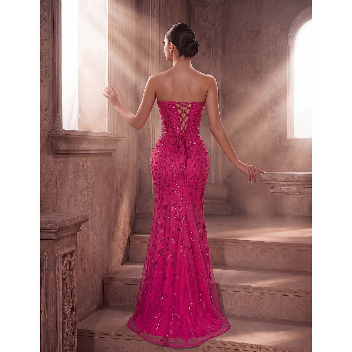 Vestido Largo Fucsia con Escote Asimétrico y Abertura - Imagen 2