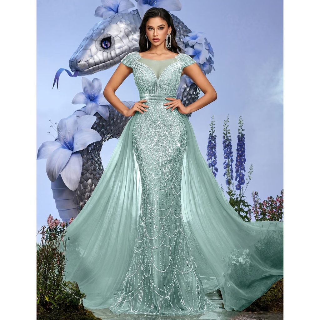 Vestido Verde Agua de Gala con Falda Amplia y Cola