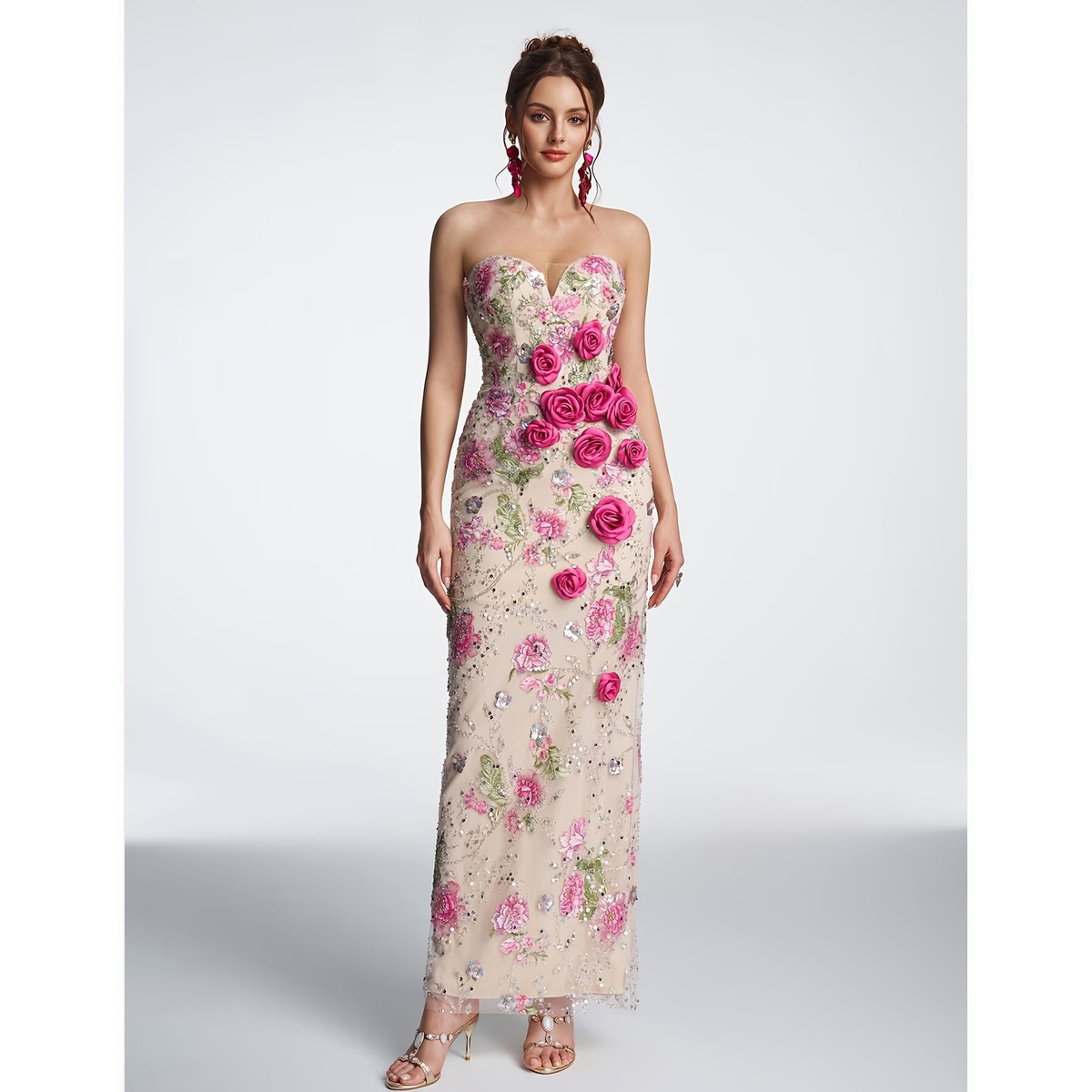 Vestido Corto Midi Floral Rosa con Escote Recto - Imagen 4