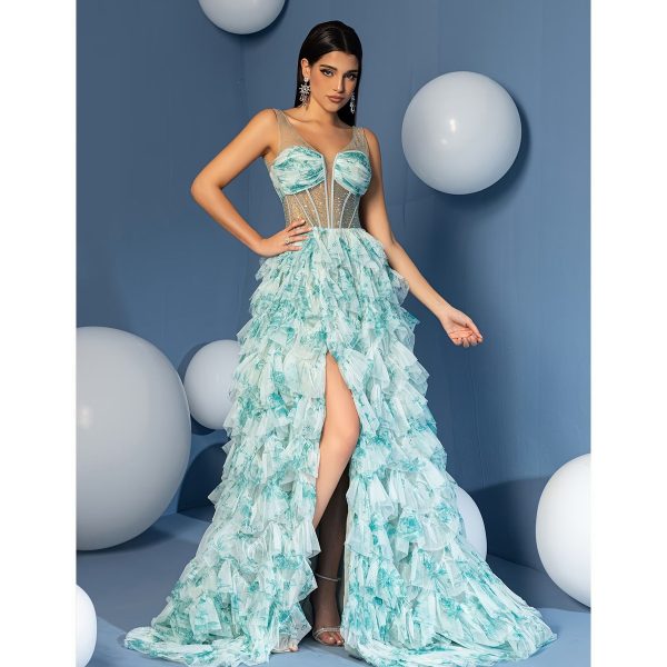 Vestido Largo Turquesa con Estampado Floral y Abertura