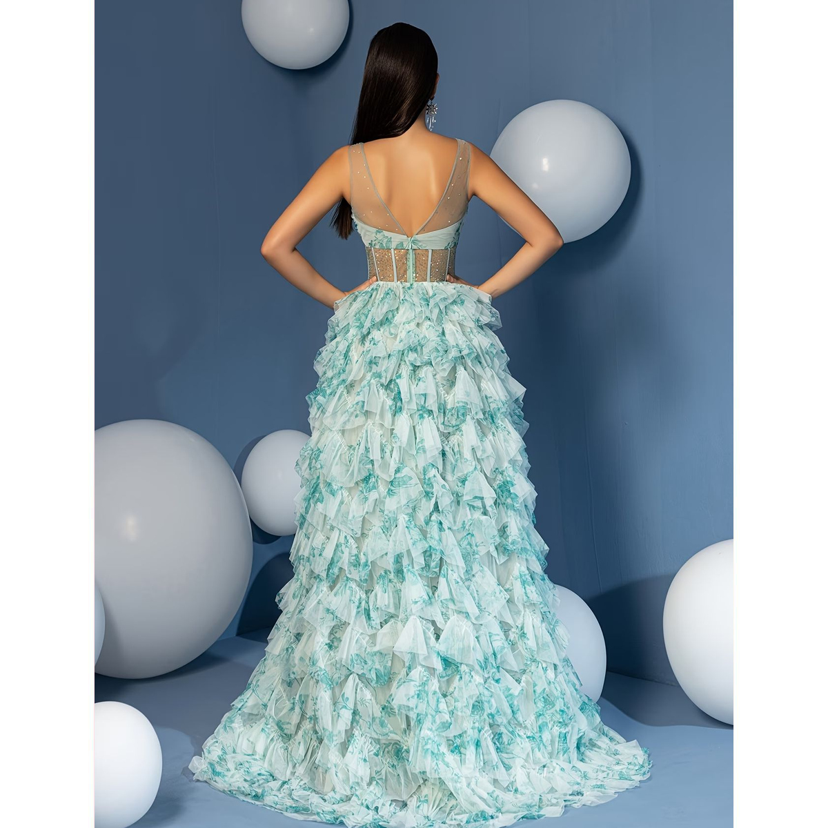 Vestido Largo Turquesa con Estampado Floral y Abertura - Imagen 2