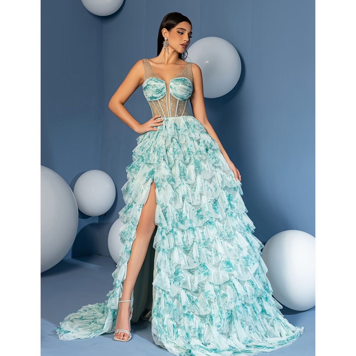 Vestido Largo Turquesa con Estampado Floral y Abertura - Imagen 3
