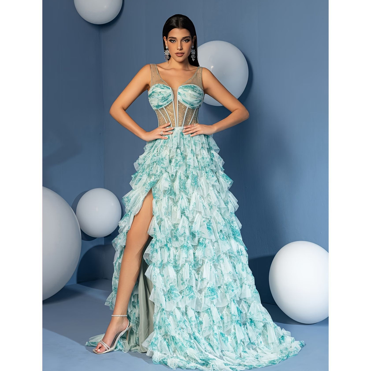 Vestido Largo Turquesa con Estampado Floral y Abertura - Imagen 4
