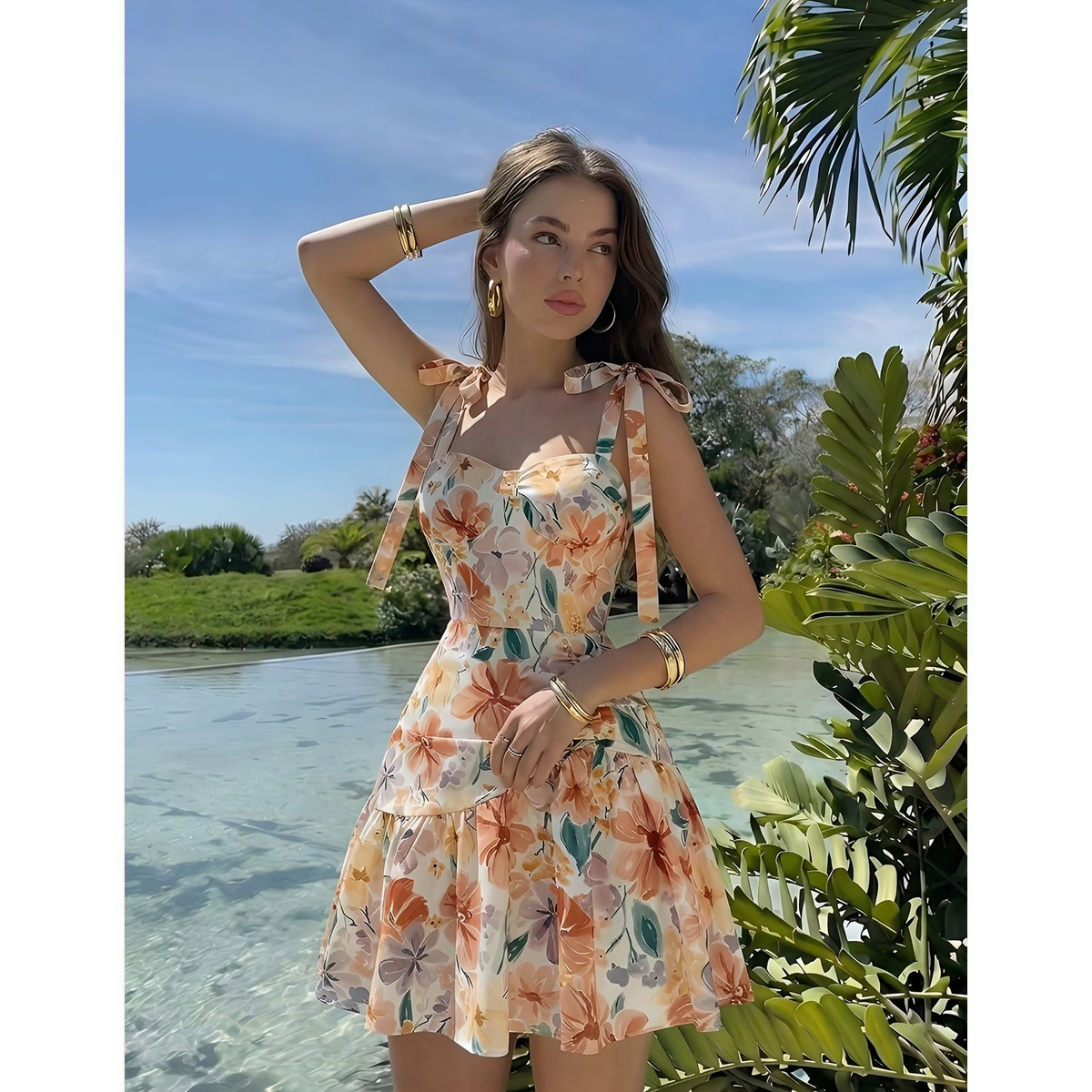 Vestido Corto Floral Multicolor con Tirantes y Vuelo
