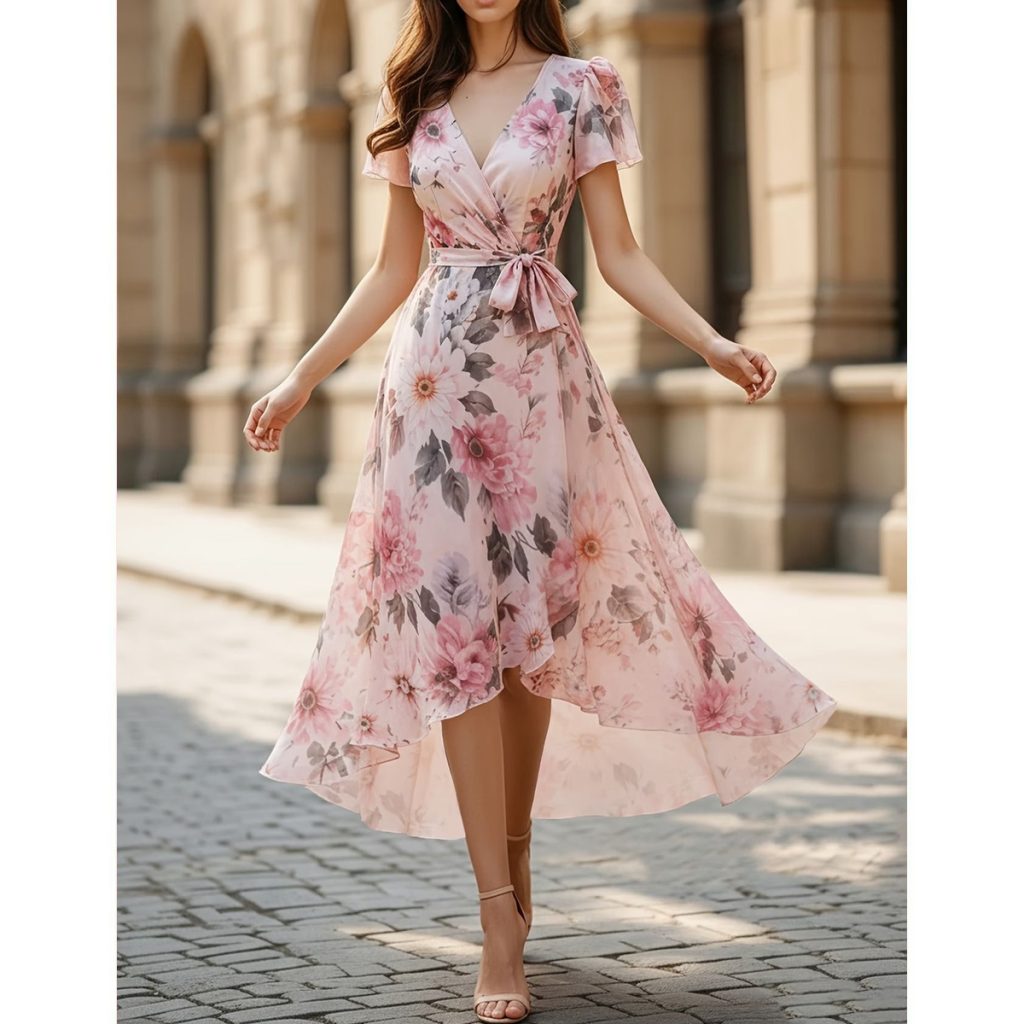 Vestido Midi Floral Rosa con Falda Asimétrica