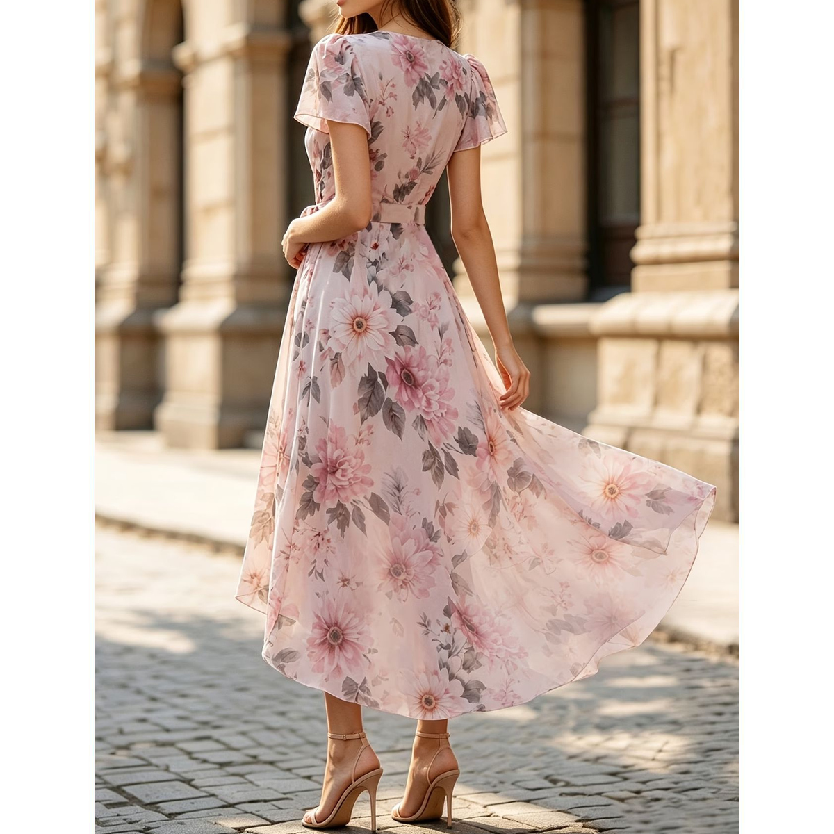 Vestido Midi Floral Rosa con Falda Asimétrica - Imagen 3
