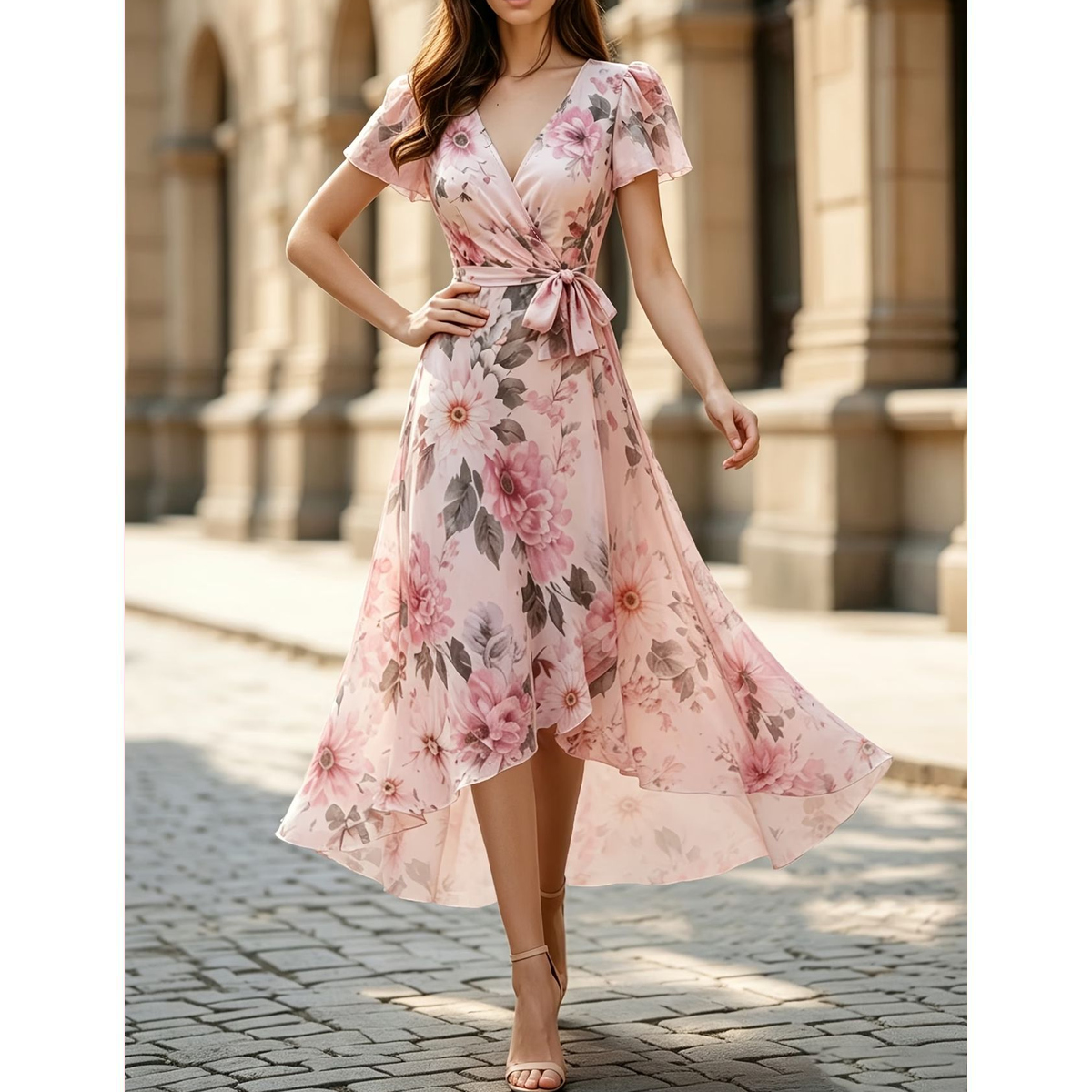 Vestido Midi Floral Rosa con Falda Asimétrica - Imagen 4