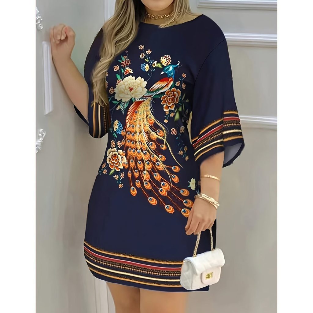 Vestido Tipo Túnica Azul Marino con Estampado Decorativo