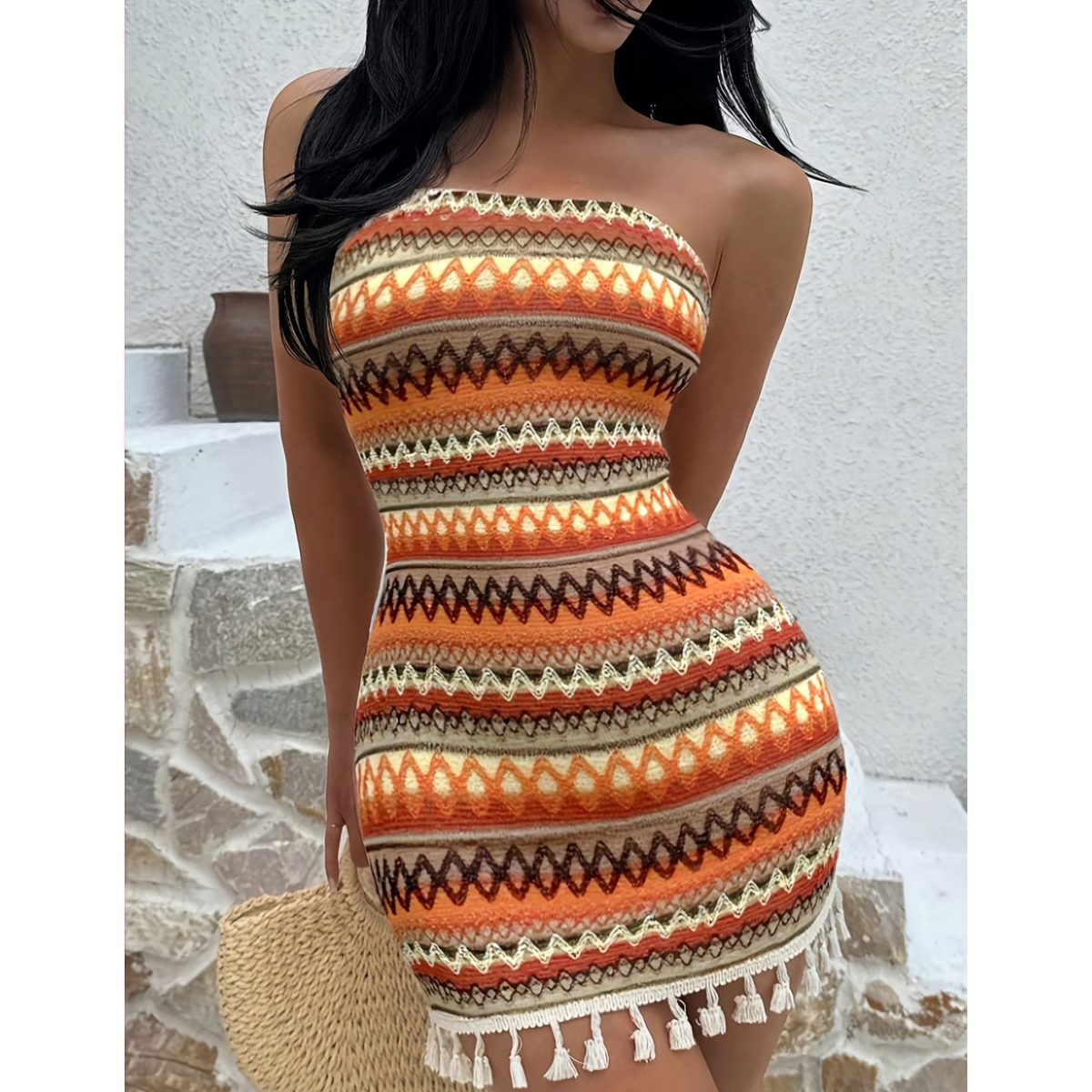 Vestido Corto de Un Hombro con Estampado Geométrico - Imagen 3