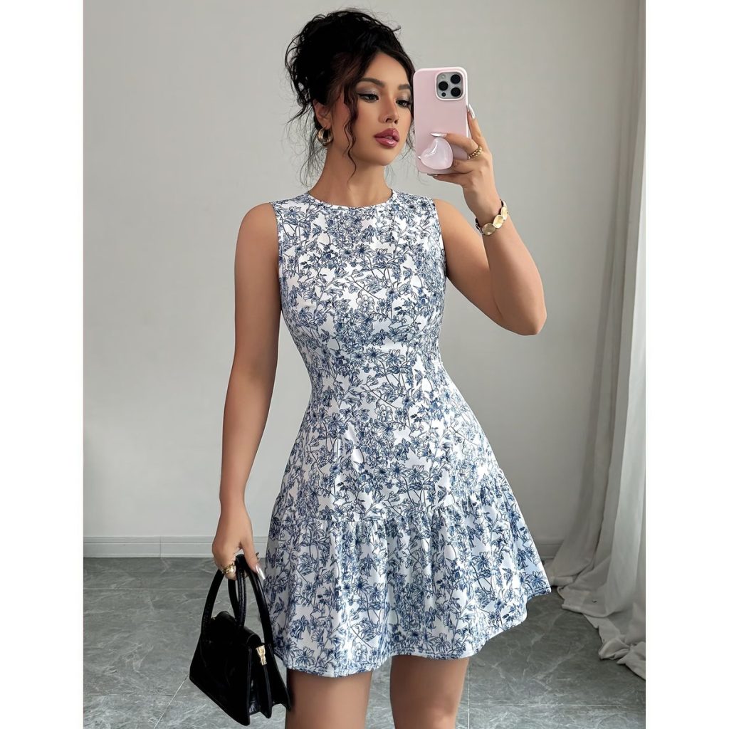 Vestido Corto Azul con Estampado Floral Blanco