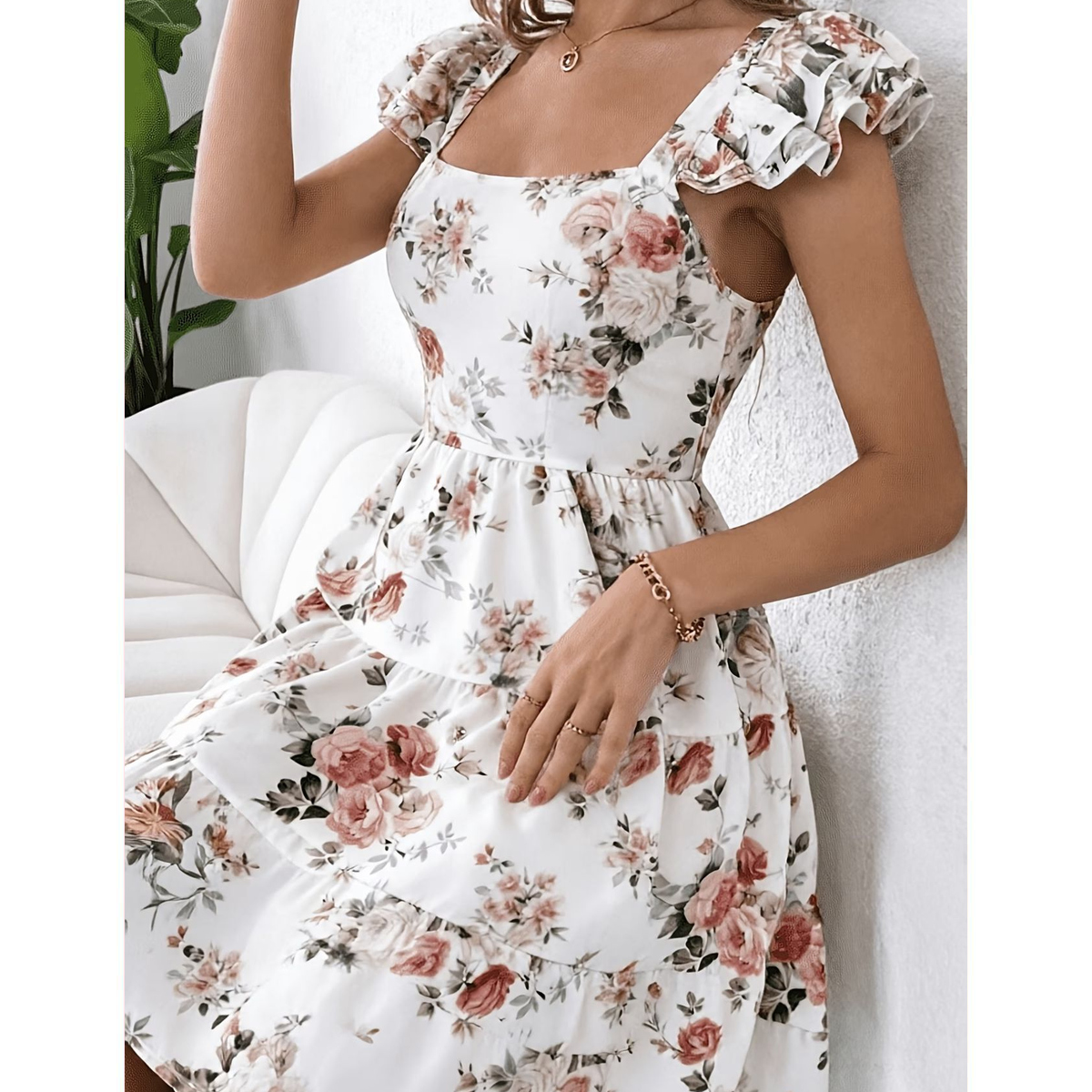 Vestido Midi Blanco con Estampado Floral y Mangas con Volantes - Imagen 3